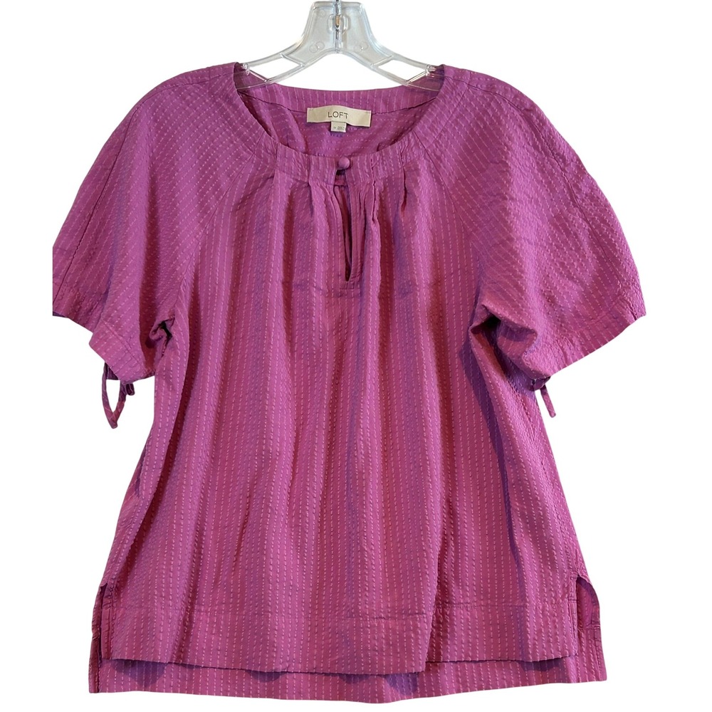 LOFT Womens Medium Purple Dobby Stripe Tie Sleeve Split Neck Blouse Top Boho M